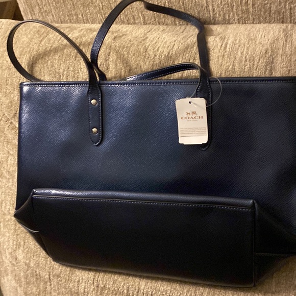NWT! Coach Crossgrain City Metallic Blue Zip Tote and double zip mini wallet - Picture 3 of 7